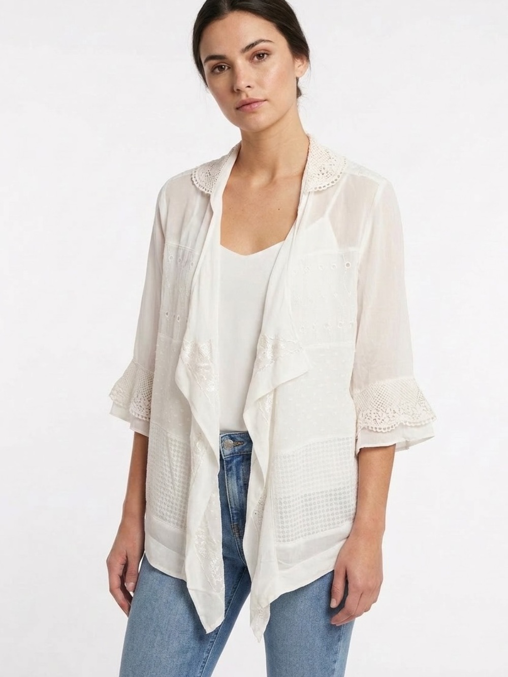 “The Rose” Sheer Cream Lace-Trim Open Front Duster